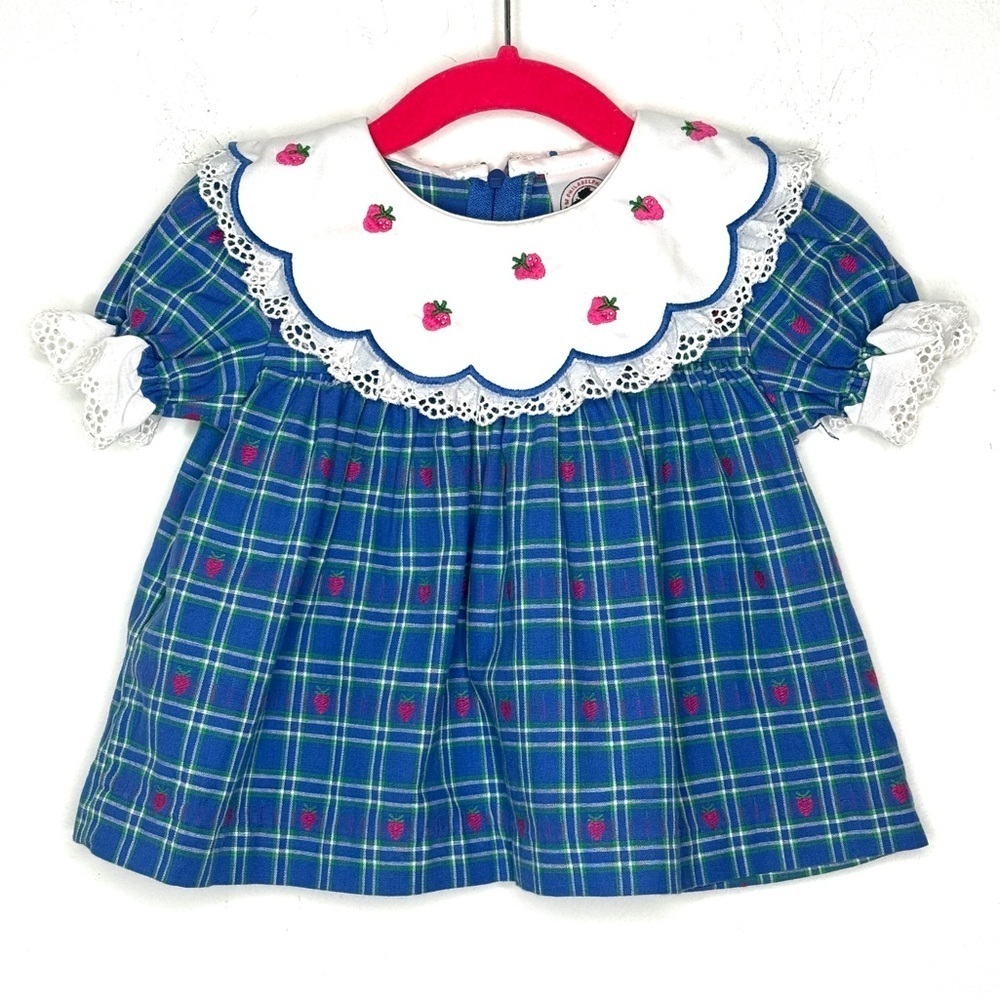 Vintage Child’s‎ Strawberry Plaid Blue Dress Lace Ruffle Puffed Sleeve Good Lad
